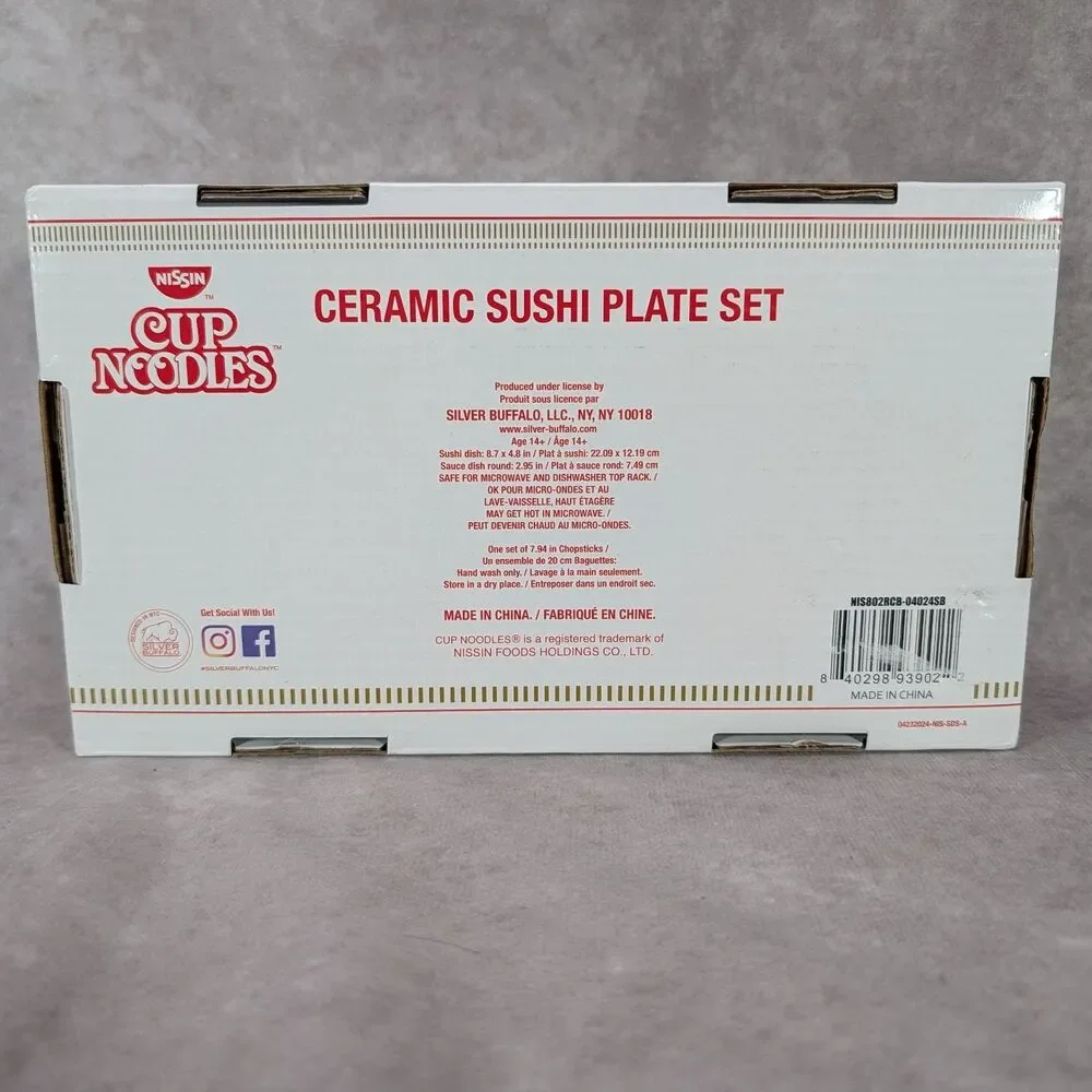 Nissin Cup Noodles Ceramic Sushi Plate Set Sauce Dish Chopsticks Silver Buffalo